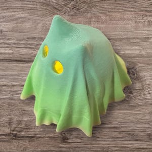 May include: A light green ghost-shaped ornament with two yellow eye holes. The ghost has a draped appearance and is set against a wooden background. The colour gradient transitions from light green to a pale yellow.