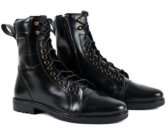 Męskie wojskowe buty bojowe – Brutalne czarne skórzane wysokie sznurowane buty – Vintage Army Tactical Boots z bocznym zamkiem błyskawicznym