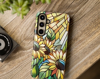 Stained Glass effect sunflower Floral Design phone case, Samsung Galaxy google pixel case, Gift for Her,Protective Phone Cover,  trendy case