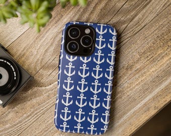 May include: A blue phone case with a white anchor pattern. The case has a camera lens cutout and a white anchor pattern.
