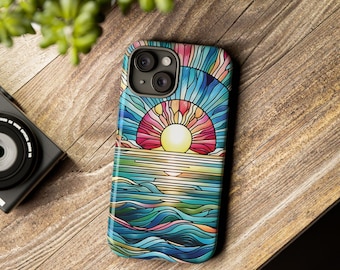iPhone tough case with stained glass effect ocean sunset beach, trendy iphone case, summer beach case, birthday gift, beach iphone case