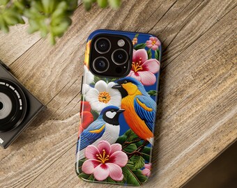 IPhone Case, Embroidered Floral Bird Tough Case, Nature Lover Gift, Colorful Bird Phone Cover, Bird Lover Gift, gift for her, bird lover