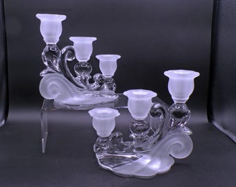 Vintage Cambridge Glass Candlesticks: Frosted Alpine 3-Light Design