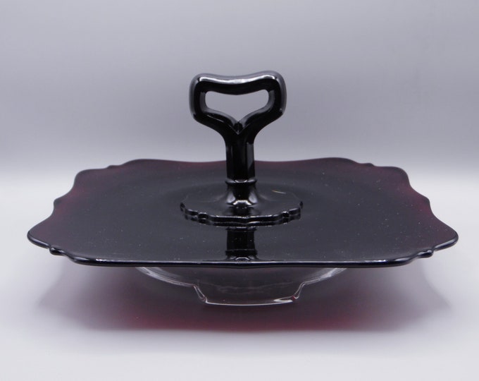 Elegant Era Glass Center Handled Server, H C Fry Glass Company, Unknown Line, Ebony (Black Amethyst) c 1920s