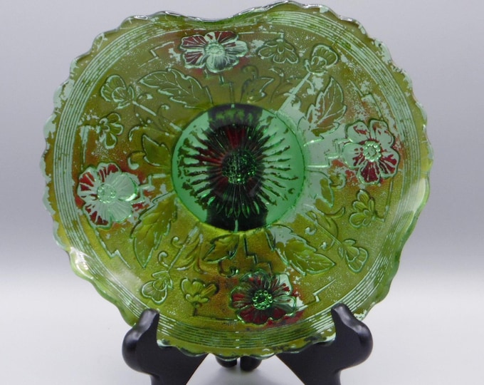 Goofus Glass Dish (Whimsey) H Northwood Company, Poppy (a/k/a) a/k/a Lightning Flower, Green, Gold/Red Paint, 1915 - 1920