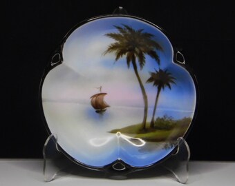 Porcelain Bon Bon Dish, Noritake, Japan, Hand Painted Boat on Lake, Early Evening Sky, 1924 - 1924