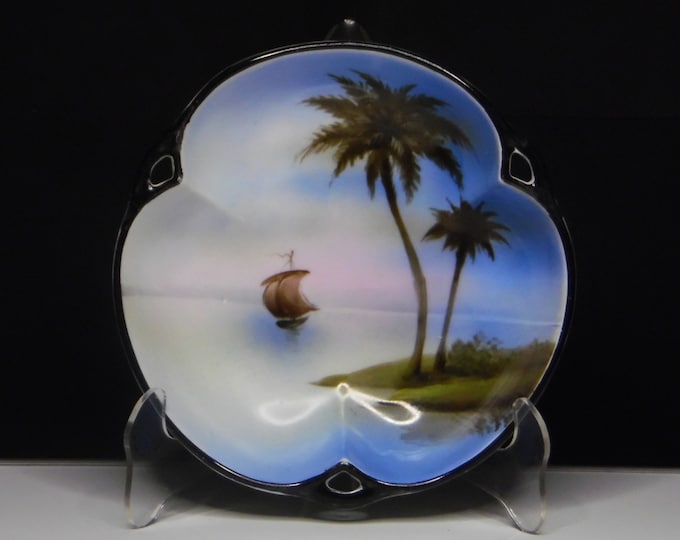 Porcelain Bon Bon Dish, Noritake, Japan, Hand Painted Boat on Lake, Early Evening Sky, 1924 - 1924
