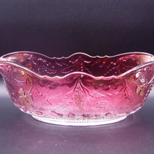 Early American Pressed Glass Berry Bowl: Rose Stain, Gold Flower Detail