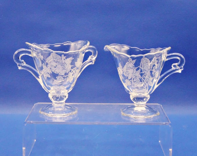 Elegant Era Glass Sugar and Creamer; A H Heisey Glass Co; #1519, Waverly with Etch 515, Heisey Rose 1949-1957