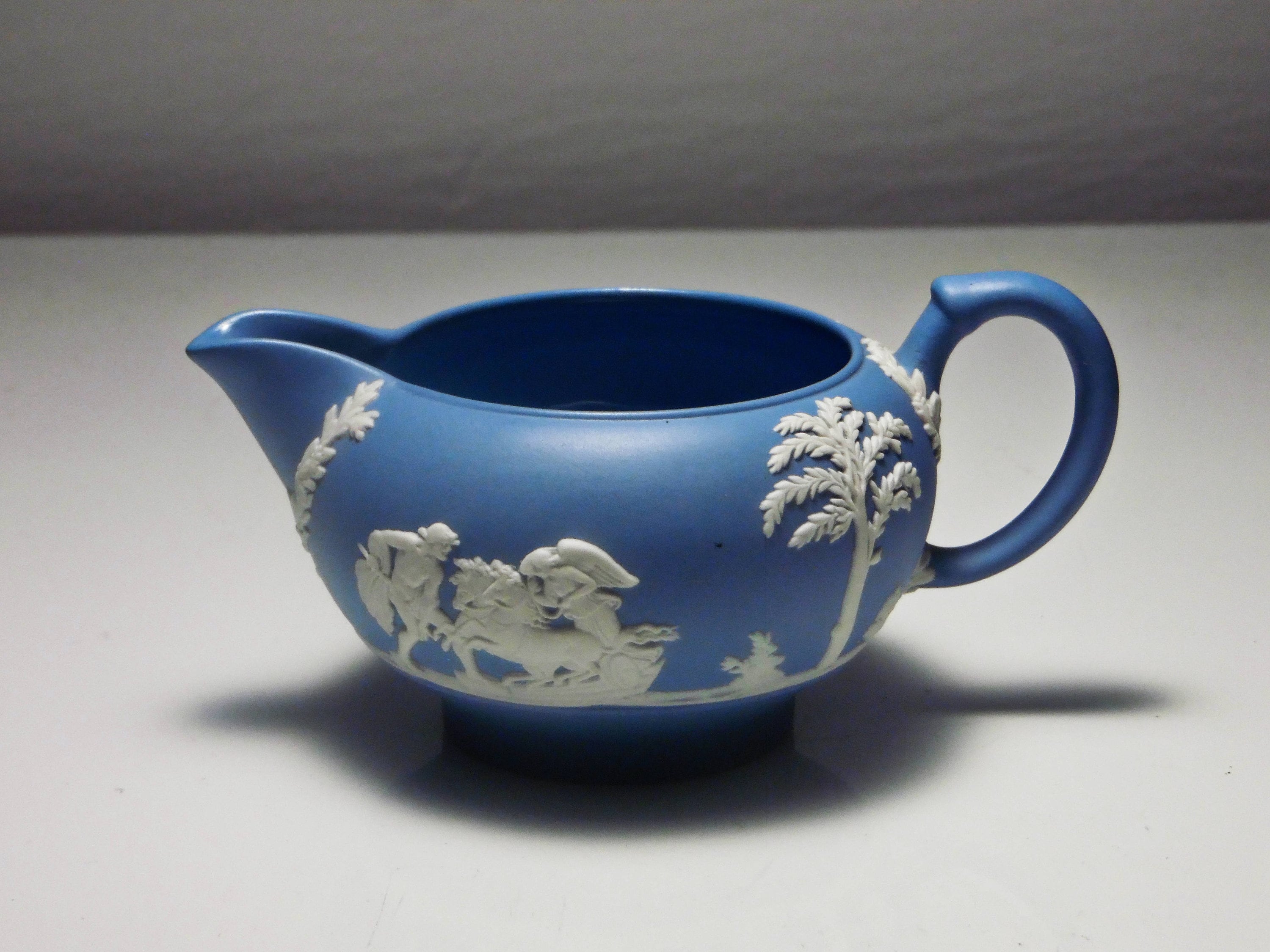 Pottery Creamer, Wedgwood Pottery, England, Pale Blue Jasperware, White Classical Figures ca