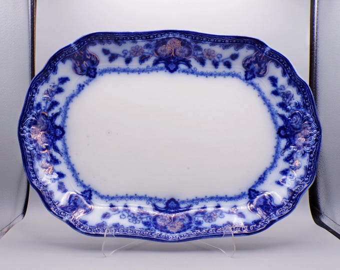 Flow Blue Pottery Large Platter, Wood and Sons, Burslem, Stoke On Trent, England, Seville, 1891 - 1907