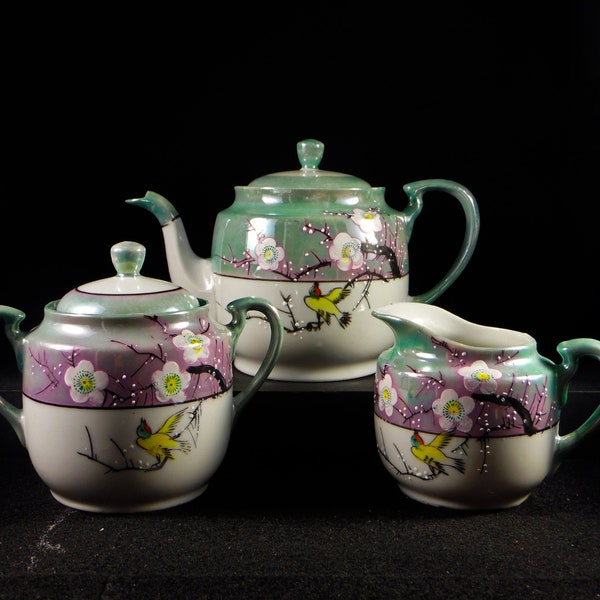 Porcelain Coffee/Tea Set, Trico, Made In Japan, Lustreware With Handpainted Cherry Blossoms And Birds, c 1920's