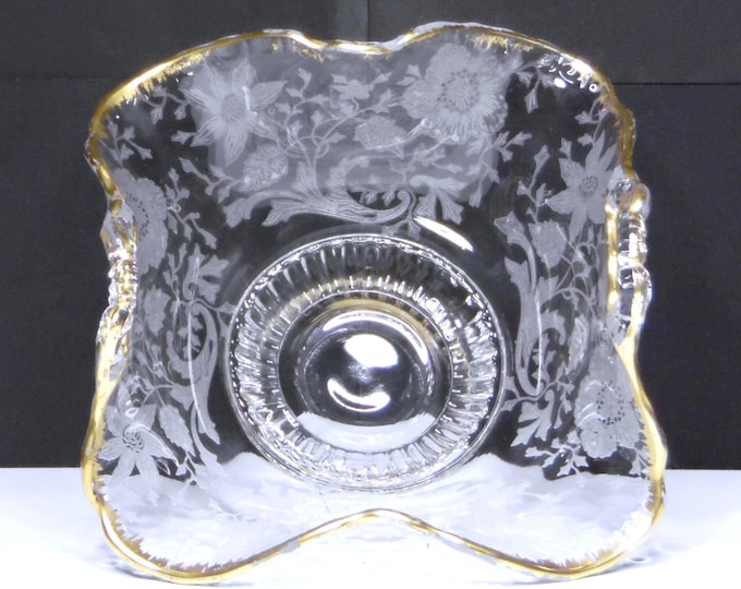 Vintage Cambridge Glass Bon Bon Bowl: Wildflower Etch, Gold Trim