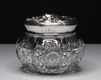 Antique American Brilliant Cut Glass Dresser Jar, Sterling Silver Lid