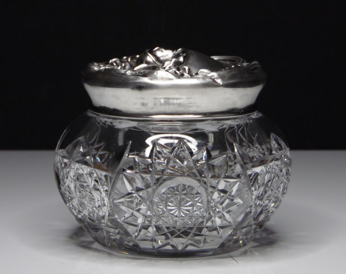 American Brilliant Period Cut Glass Dresser Jar, undetermined maker, Sterling Silver lid, ca 1900 - 1910
