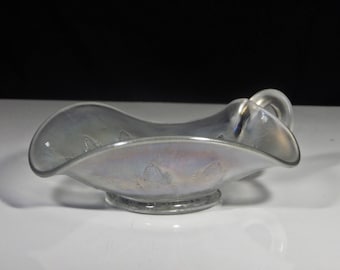 Carnival Glass One Handle Nappy; Dugan Glass Company, Leaf Rays, White; 1913 - 1931