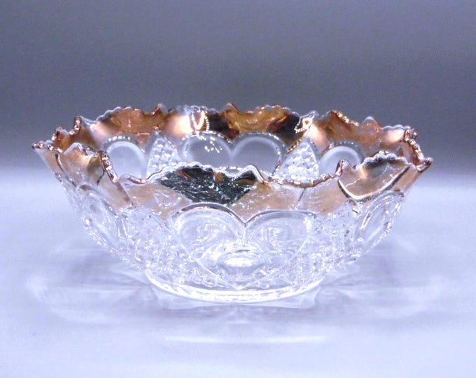 EAPG Berry Bowl: Tarentum Glass, Heart with Thumbprint, Gilt Trim