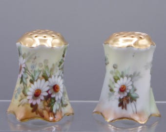 Versailles Porcelain Salt and Pepper Shakers: Hand-Painted Daisies, Signed R. Stuart