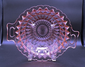 Depression Glass Handled Serving Bowl, Jeannette Glass Company, Windsor, Pink, 1936 - 1946