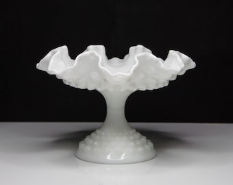 Vintage Milk Glass Compote, Fenton Art Glass Company, Hobnail, 1960s