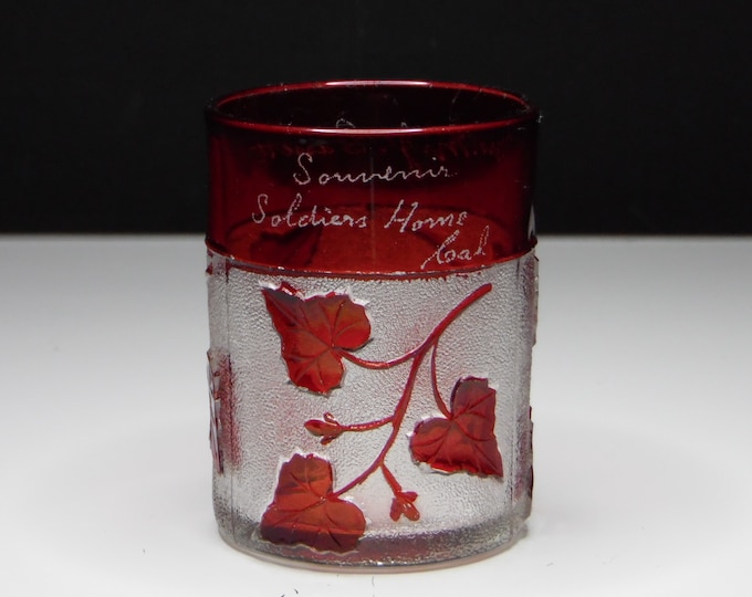 Early American Pressed Glass Tumbler, Souvenir; Co-Operative Flint Glass Co Ltd; Forest (OMN) aka Ivy in the Snow ca 1894