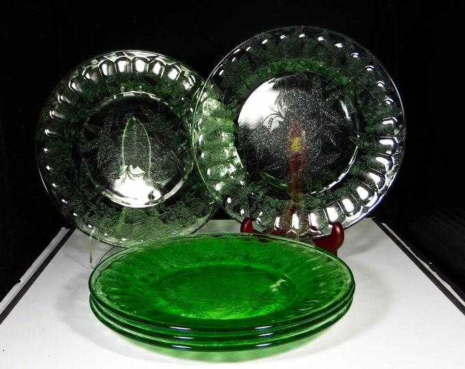 Depression Glass Plate, Dinner, Jeannette Glass Company, Floral, Green, 1931 - 1935