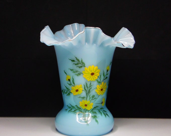 Vintage Glass Vase, Unknown Maker, Blue Opaline Glass, Hand Painted Yellow Daisies, Ca 1880s/90s