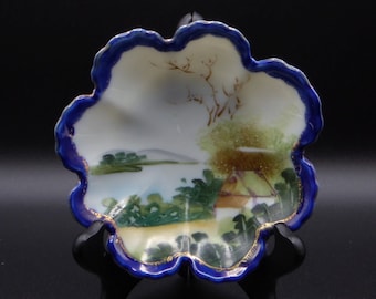 Vintage Nippon Porcelain Nut Dish: Hand-Painted Lakeside Scene, Cobalt Blue Rim