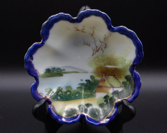 Nippon Porcelain Nut Or Candy Dish Unspecified Maker Hand Painted Lakeside Scene ca 1910 - 1920