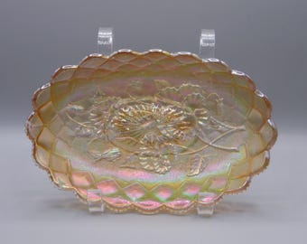 Carnival Glass Pickle Dish, Imperial Glass Company, Pansy, 1911 - 1918