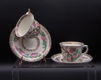 Royal Vitreous Demitasse Cup and Saucer: John Maddock & Sons Indian Tree, Gold Key Border