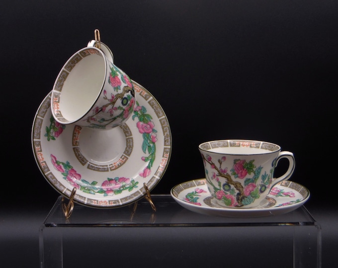 Pottery (Royal Vitreous) Demitasse Cup And Saucer John Maddock & Sons England Indian Tree With Gold Key Border 1896 - 1921