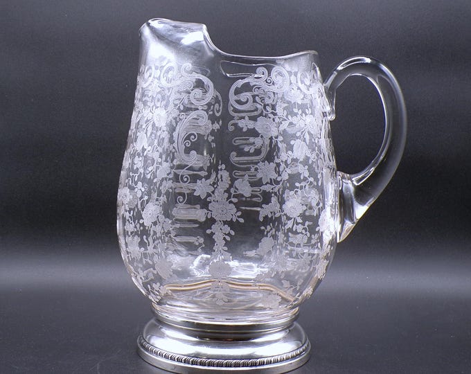 Cambridge Chantilly Etched Glass Pitcher with Sterling Foot - 1930s Elegant Era