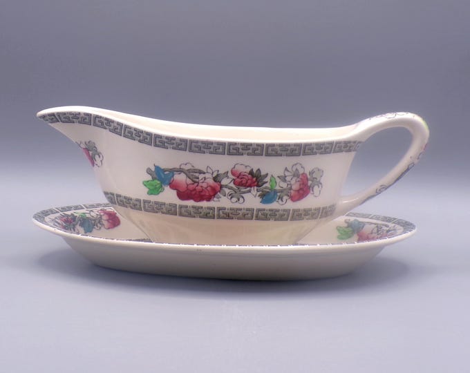 Vintage Pottery Gravy Boat with Underplate (Relish Dish), Johnson Brothers, England, Indian Tree, ca 1970
