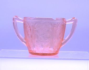 Depression Glass Sugar Bowl (Missing Lid), Jeannette Glass Company, Cherry Blossom, Pink, 1930 - 1939