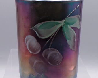 Carnival Glass Tumbler, Fenton Art Glass Company, Enameled Cherries, Blue, 1910 - 1912