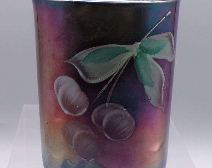 Carnival Glass Tumbler, Fenton Art Glass Company, Enameled Cherries, Blue, 1910 - 1912