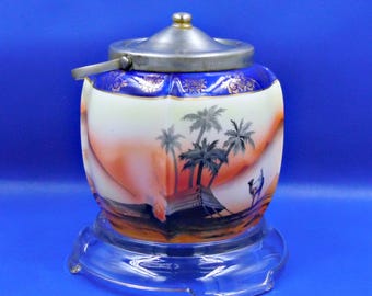 Pottery Cracker Jar; Pearlwhite, Made in Bohemia, Egyptian Motif 1920s