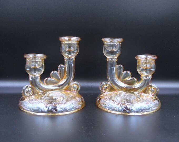 Vintage Glass Double Candlestick, Jeannette Glass Co, Floragold, Iridescent, 1950s