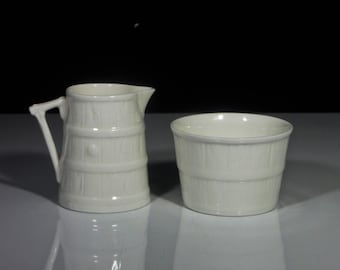Porcelain Sugar And Creamer, Individual, Royal Worcester, England, Oak Barrel, White 1990s