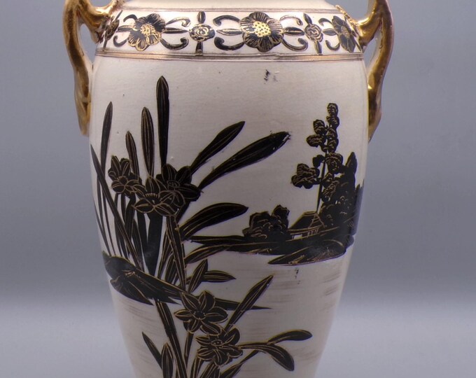 Pottery Vase, Unknown Japanese Maker, Hand Painted Black Silhouette Lake Scene, Gold Trim, ca 1910