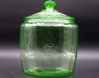 Depression Glass Cookie Jar, Hocking Glass Company, Cameo (aka Ballerina), Green, 1930 - 1934