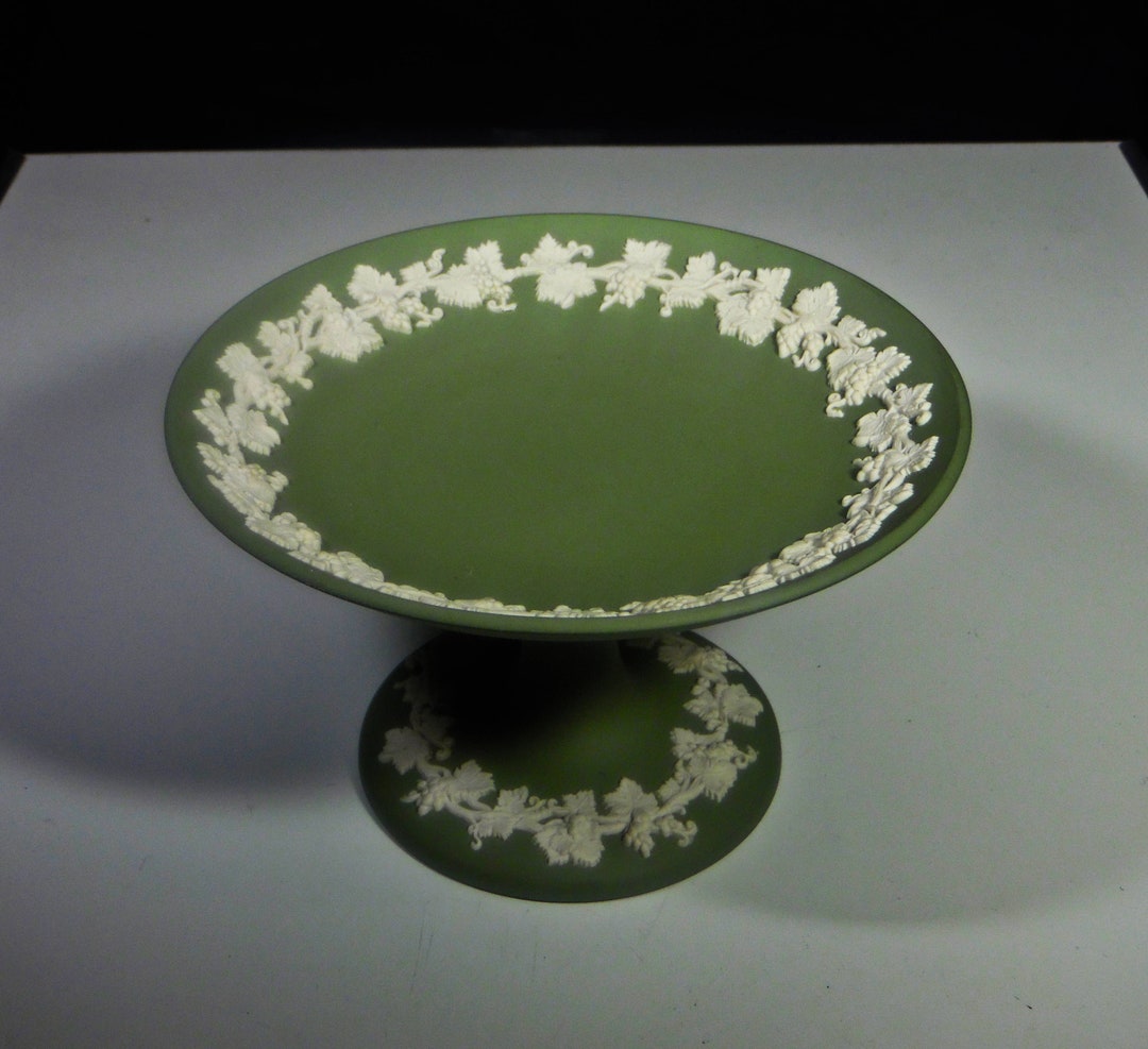 Pottery Compote, Wedgwood Pottery, England, Jasperware, Sage Green, White Grape Leaves, Ca 1970s