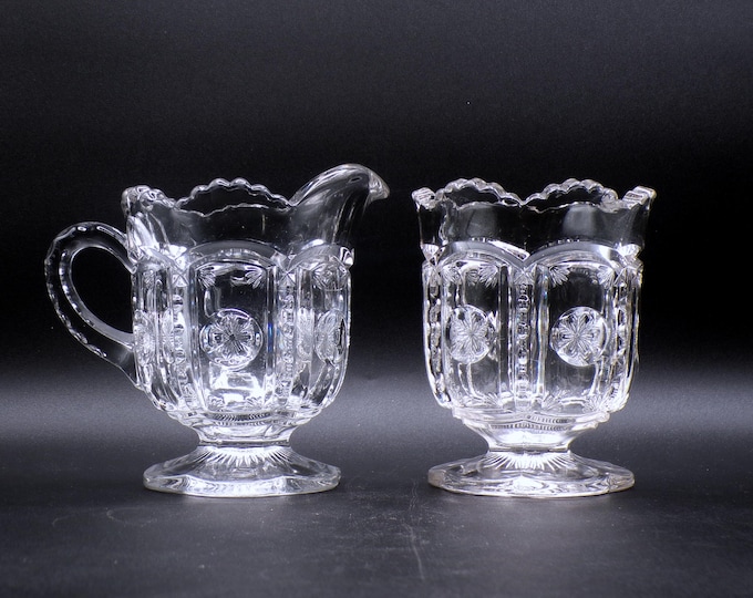 Early American Pressed Glass Sugar And Creamer, Tarentum Glass Company; Tarentum #1906; Peerless (OMN) AKA Frost Crystal; 1906
