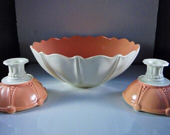 Depression Glass Console Set, Hocking Glass Company, Oyster And Pearl, Vitrock w/Fired on Peach/Pink 1938 - 1940