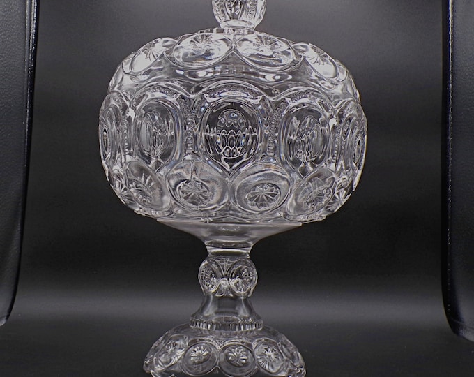 Early American Pressed Glass Covered Tall Standard Compote, Adams and Company; Palace (OMN) aka Moon and Star; 1888 introduced