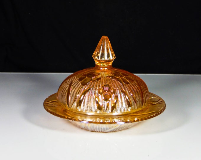 Vintage Glass Butter Dish; Jeannette Glass Company; Iris (OMN) AKA Iris And Herringbone, Gold Iridescent, 1950s