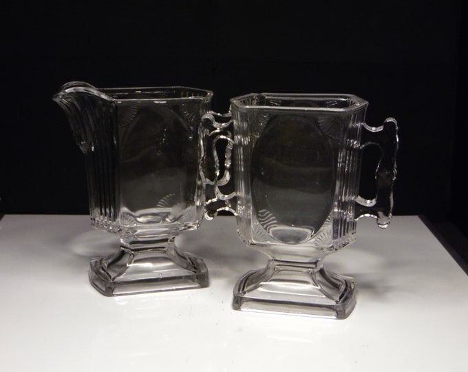 Early American Pressed Glass Sugar And Creamer, Central Glass Company, Central #730 (OMN) AKA Panel, Rib And Shell; Panelled Rib Shell; 1883