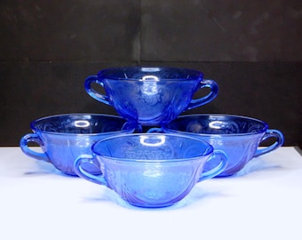 Cobalt Blue Depression Glass Cream Soup Bowls, Royal Lace, Set of 4