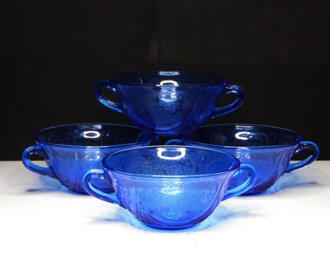 Depression Glass Cream Soup Bowl, Hazel - Atlas Glass Company, Royal Lace, Cobalt (Ritz) Blue, 1934 - 1941